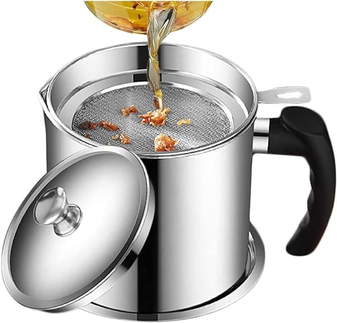Stainless Steel Oil Filter Pot with Fine Mesh Strainer | Reusable Cooking Oil Storage Container