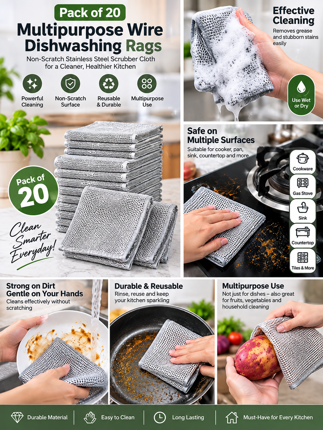 Pack of 20 Multipurpose Wire Dishwashing Rags | Non-Scratch Stainless Steel Scrubber Cloth