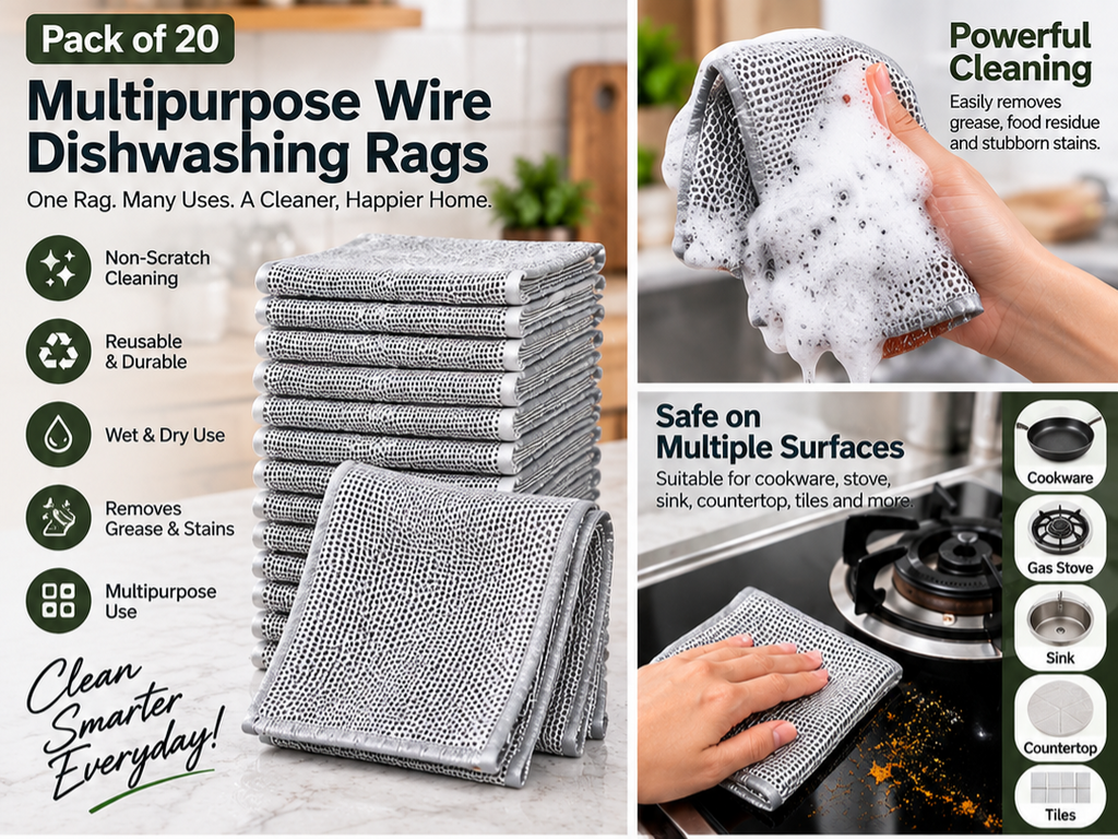 Pack of 20 Multipurpose Wire Dishwashing Rags | Non-Scratch Stainless Steel Scrubber Cloth