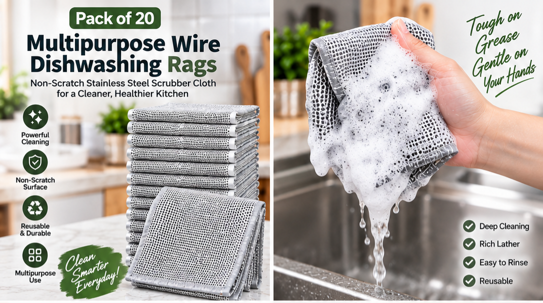 Pack of 20 Multipurpose Wire Dishwashing Rags | Non-Scratch Stainless Steel Scrubber Cloth