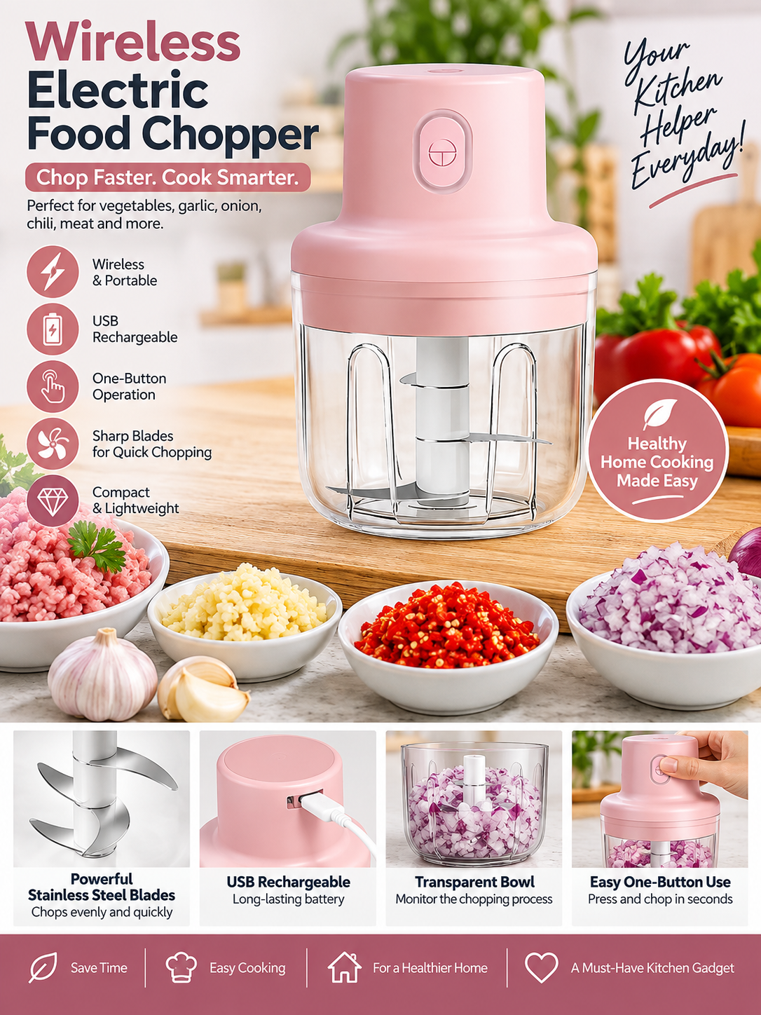 A promotional graphic for a pink wireless electric food chopper. The main product is shown in the center on a wooden cutting board with chopped onions, garlic, and red peppers around it.