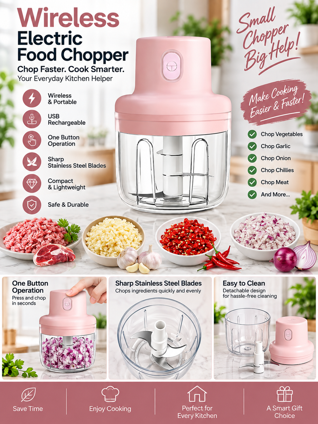 Pink and clear wireless electric food chopper with stainless steel blades, shown on a white background with feature icons, ingredient examples, and usage benefits. Text highlights wireless portability, one-button operation, sharp blades, and easy cleaning.