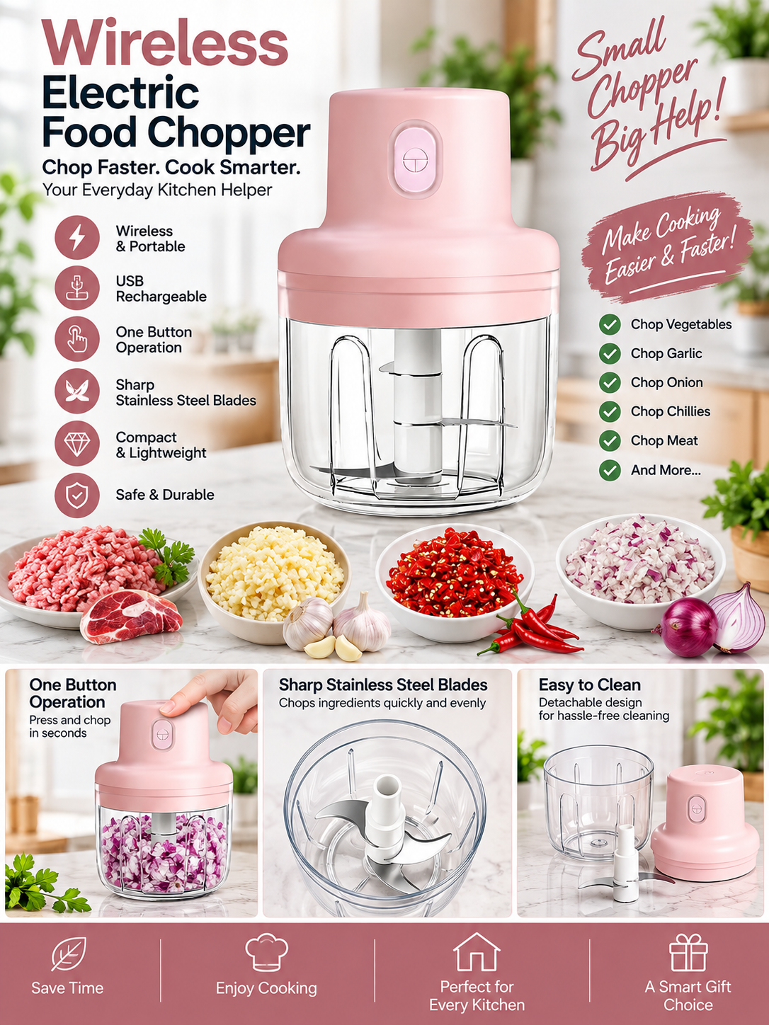 Pink and clear wireless electric food chopper with stainless steel blades, shown on a white background with feature icons, ingredient examples, and usage benefits. Text highlights wireless portability, one-button operation, sharp blades, and easy cleaning.