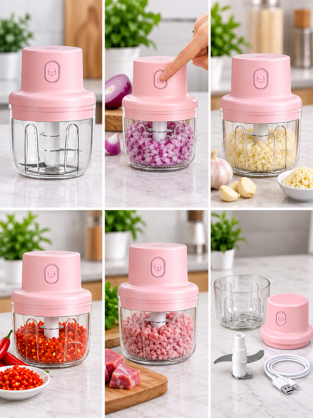 Six-panel collage showing a small electric chopper in a bright kitchen setting. The pink chopper is shown empty and filled with chopped onions, garlic, peppers, meat, and garlic cloves, with a hand pressing the top button in one panel.
