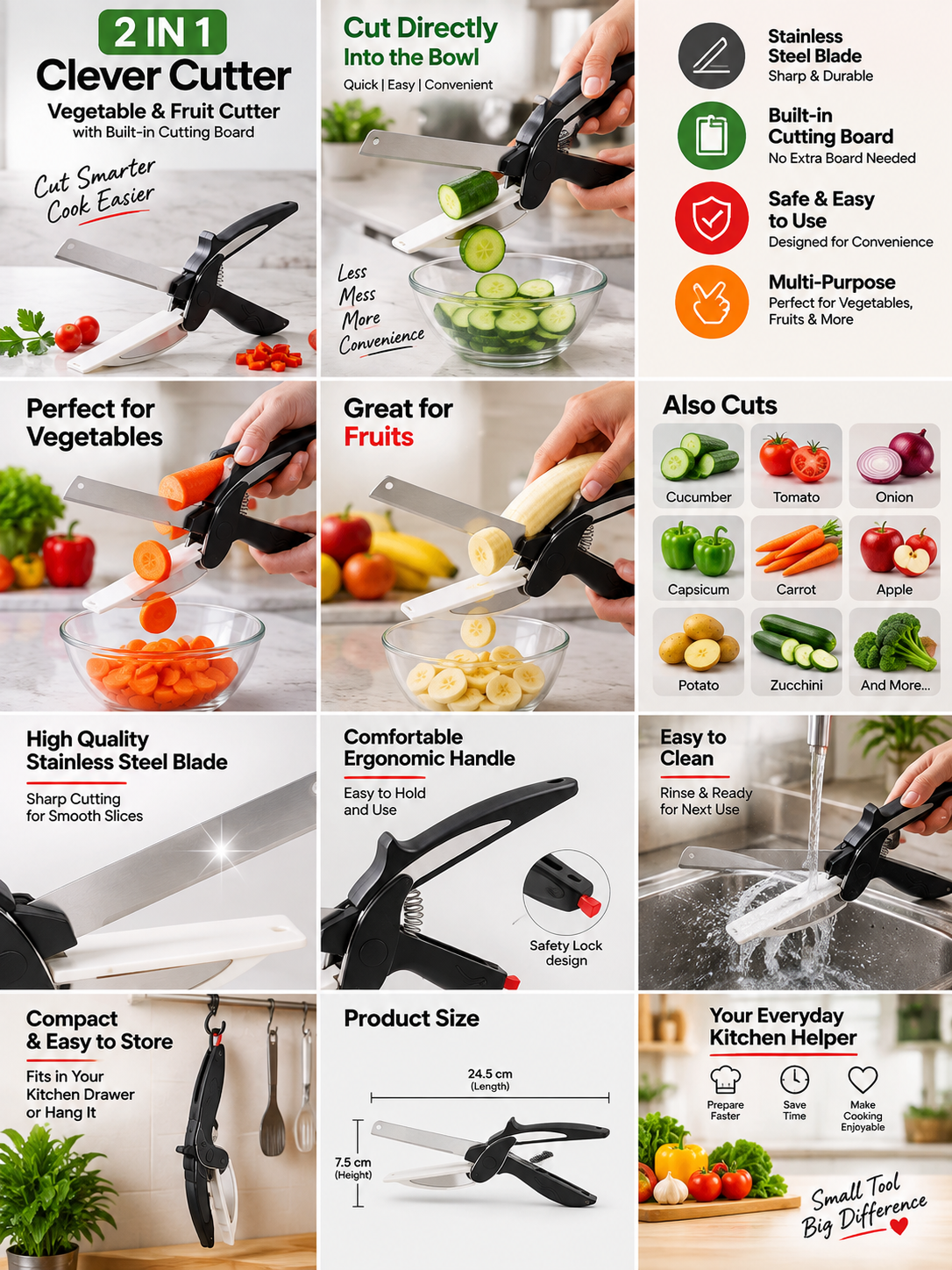 2-in-1 Clever Cutter Stainless Steel Vegetable & Fruit Cutter | Kitchen Cutting Tool with Built-in Cutting Board