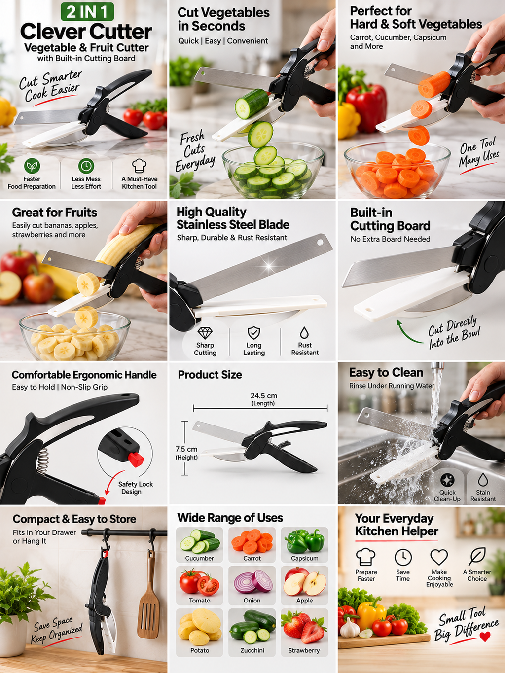 2-in-1 Clever Cutter Stainless Steel Vegetable & Fruit Cutter | Kitchen Cutting Tool with Built-in Cutting Board