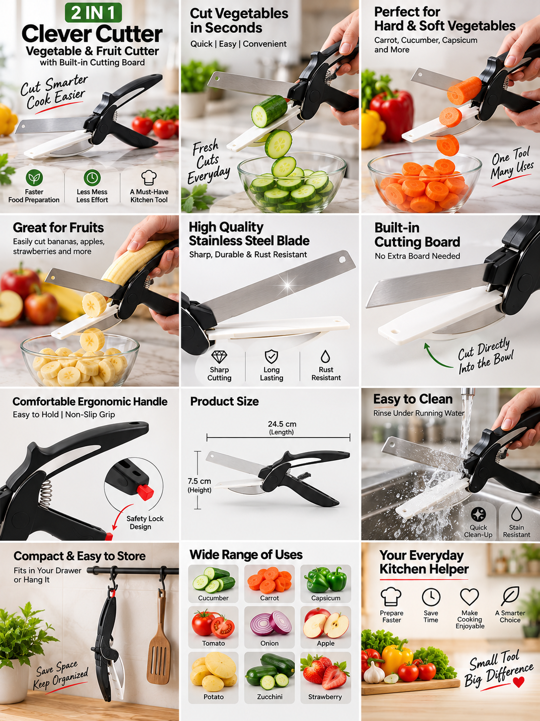 2-in-1 Clever Cutter Stainless Steel Vegetable & Fruit Cutter | Kitchen Cutting Tool with Built-in Cutting Board