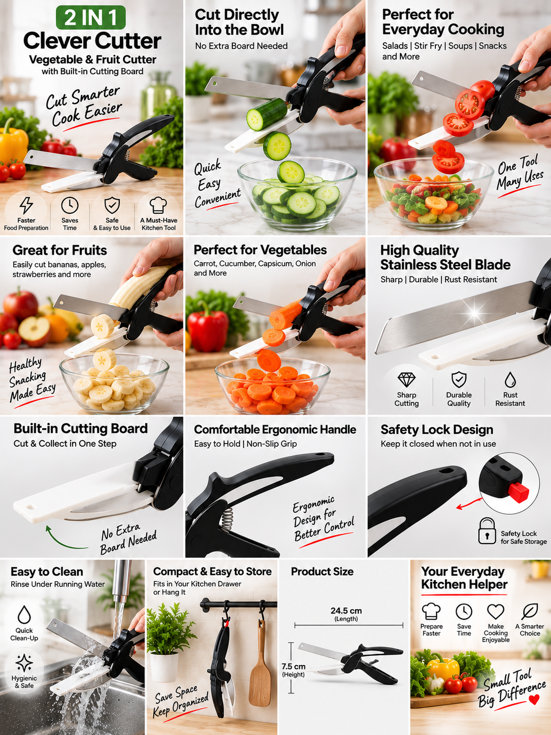 2-in-1 Clever Cutter Stainless Steel Vegetable & Fruit Cutter | Kitchen Cutting Tool with Built-in Cutting Board