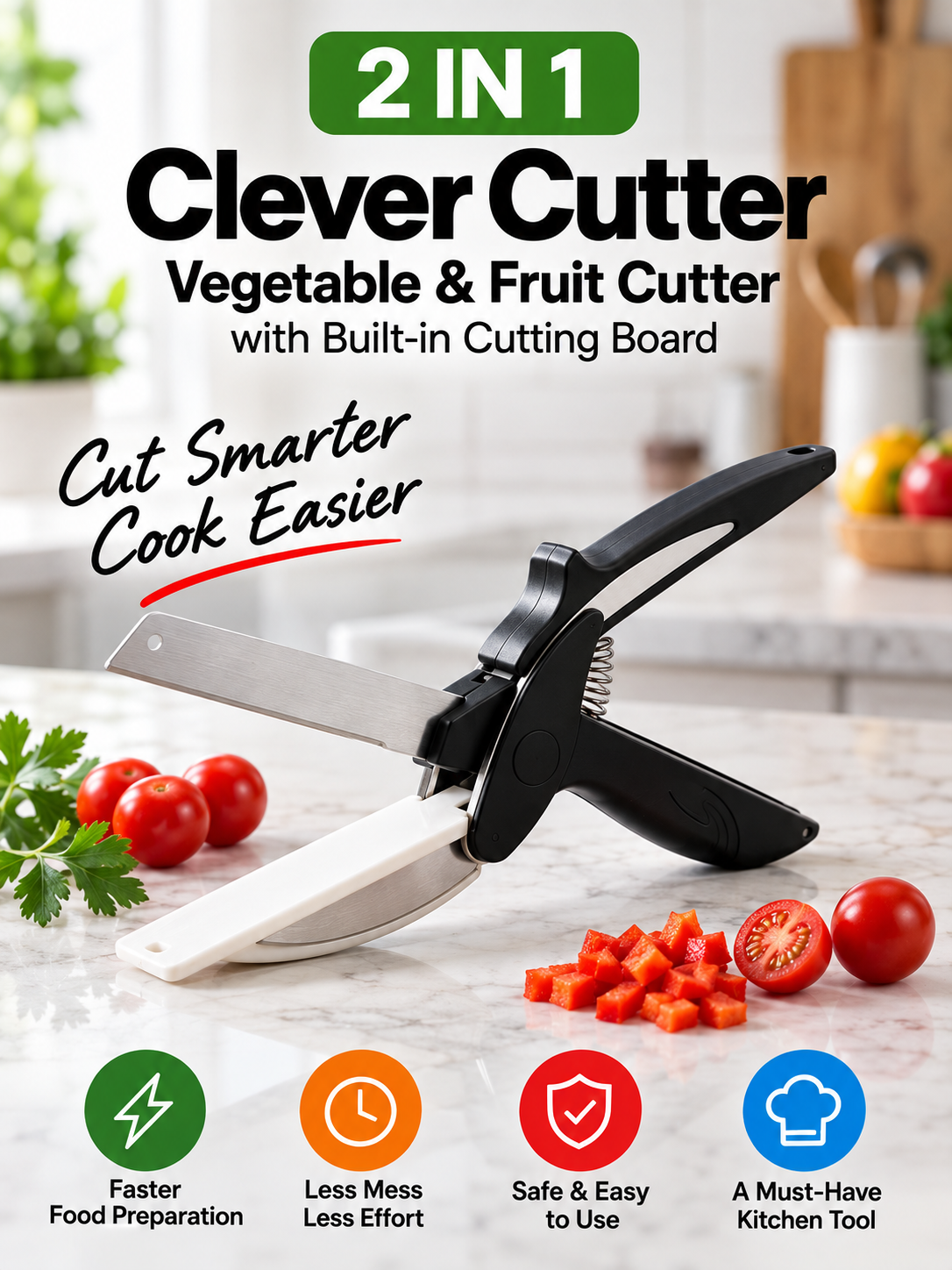 2-in-1 Clever Cutter Stainless Steel Vegetable & Fruit Cutter | Kitchen Cutting Tool with Built-in Cutting Board
