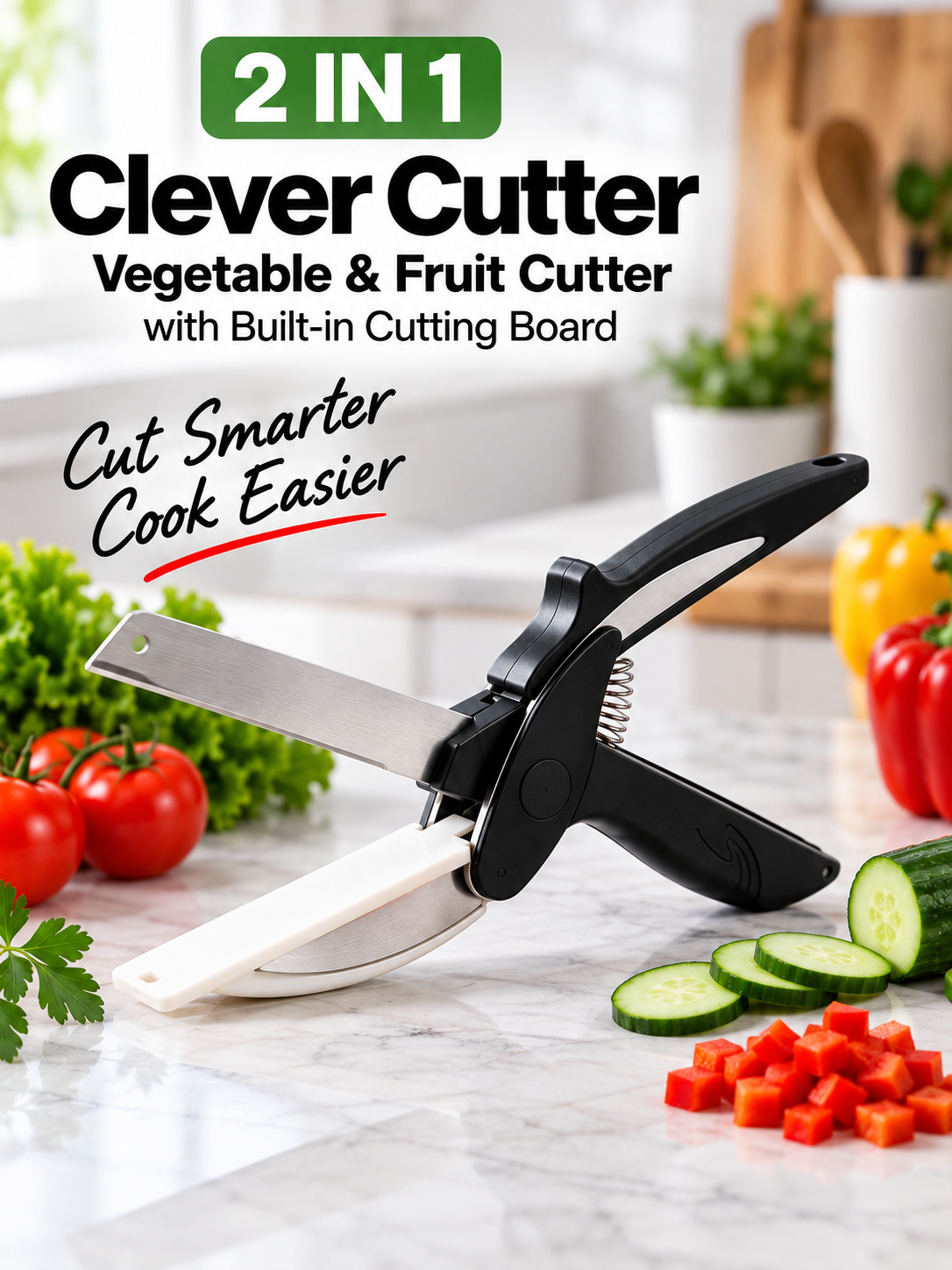 2-in-1 Clever Cutter Stainless Steel Vegetable & Fruit Cutter | Kitchen Cutting Tool with Built-in Cutting Board