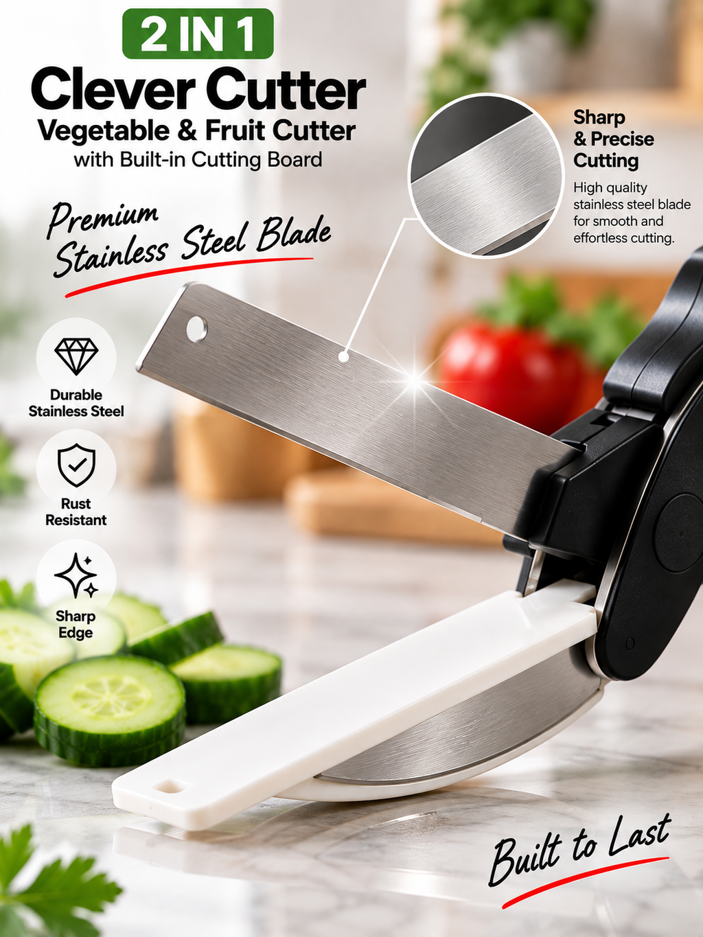 2-in-1 Clever Cutter Stainless Steel Vegetable & Fruit Cutter | Kitchen Cutting Tool with Built-in Cutting Board