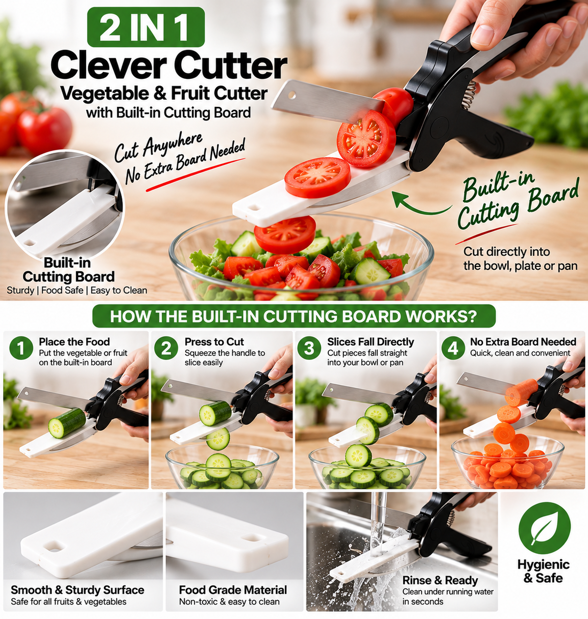 2-in-1 Clever Cutter Stainless Steel Vegetable & Fruit Cutter | Kitchen Cutting Tool with Built-in Cutting Board