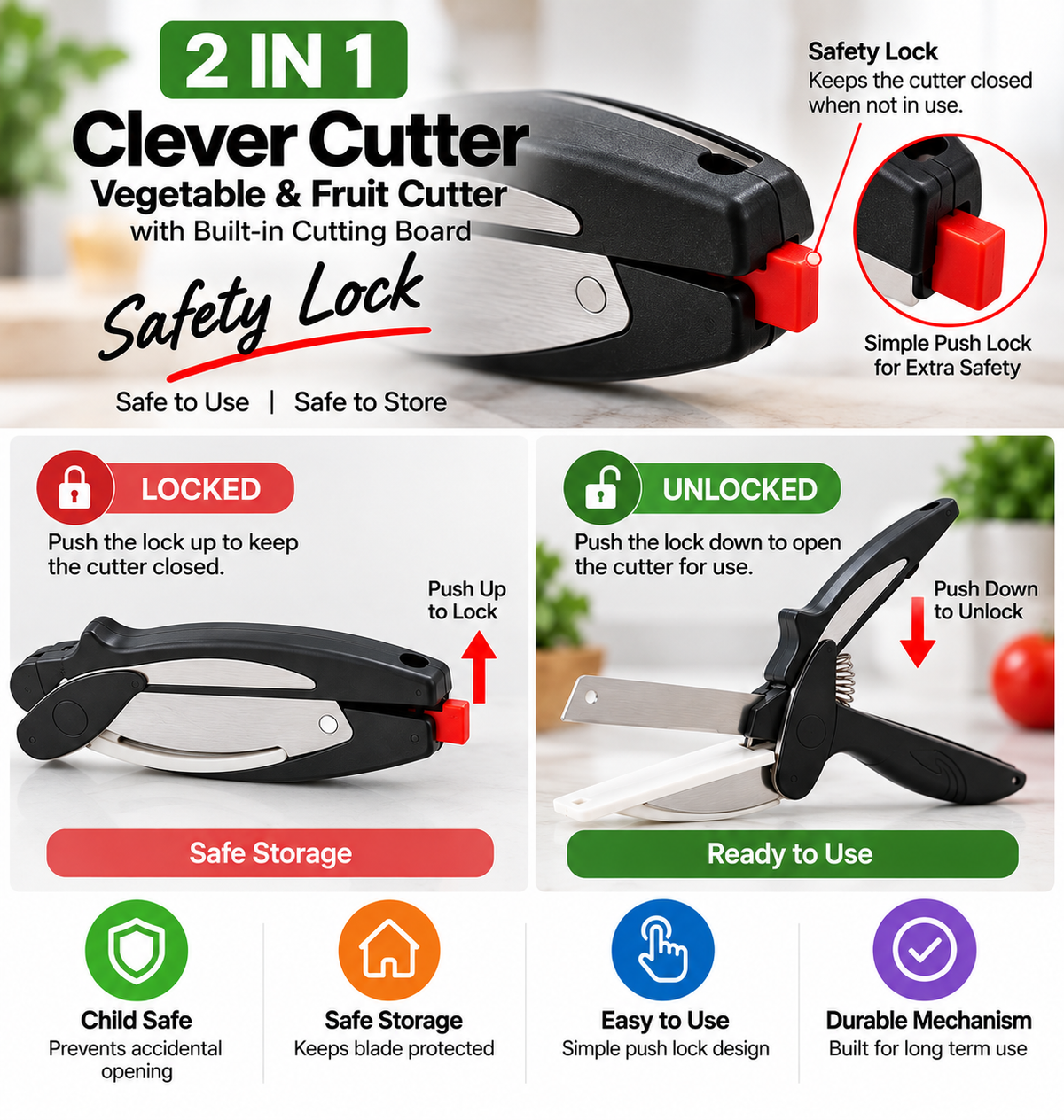 2-in-1 Clever Cutter Stainless Steel Vegetable & Fruit Cutter | Kitchen Cutting Tool with Built-in Cutting Board