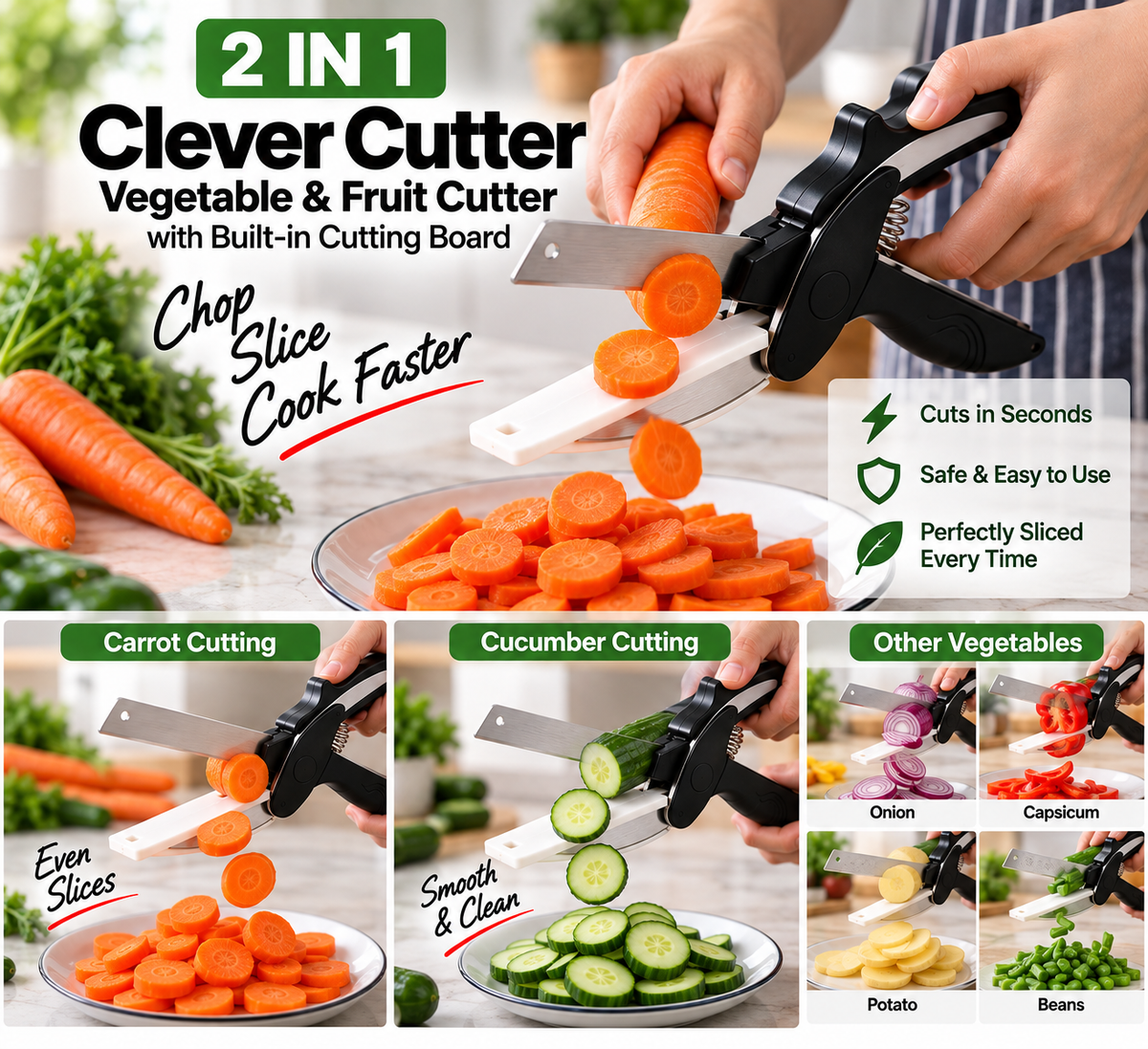 2-in-1 Clever Cutter Stainless Steel Vegetable & Fruit Cutter | Kitchen Cutting Tool with Built-in Cutting Board