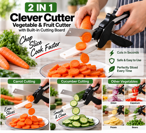 2-in-1 Clever Cutter Stainless Steel Vegetable & Fruit Cutter | Kitchen Cutting Tool with Built-in Cutting Board