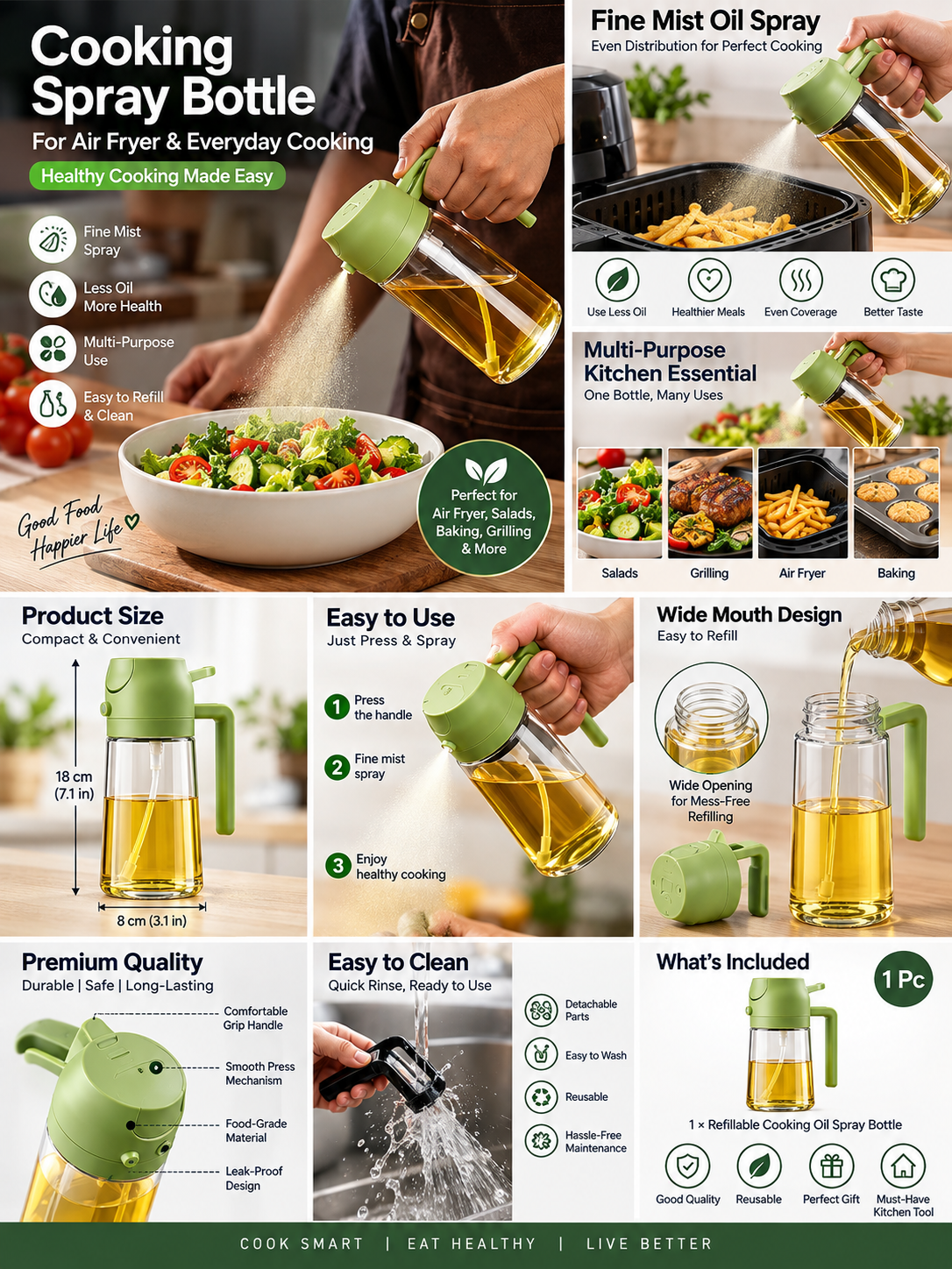 Oil Spray Bottle for Air Fryer | Refillable Cooking Oil Sprayer for Kitchen