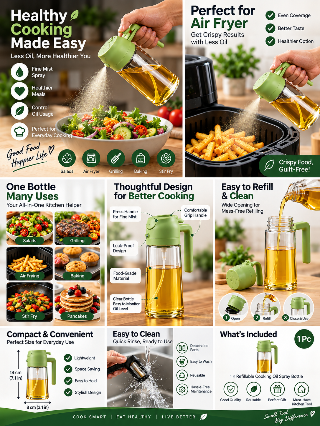 Oil Spray Bottle for Air Fryer | Refillable Cooking Oil Sprayer for Kitchen