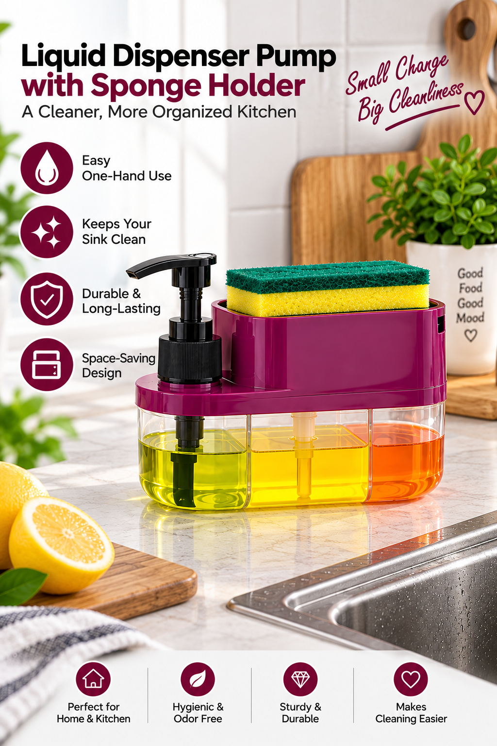 2-in-1 Liquid Soap Dispenser with Sponge Holder | Smart Kitchen Sink Organizer