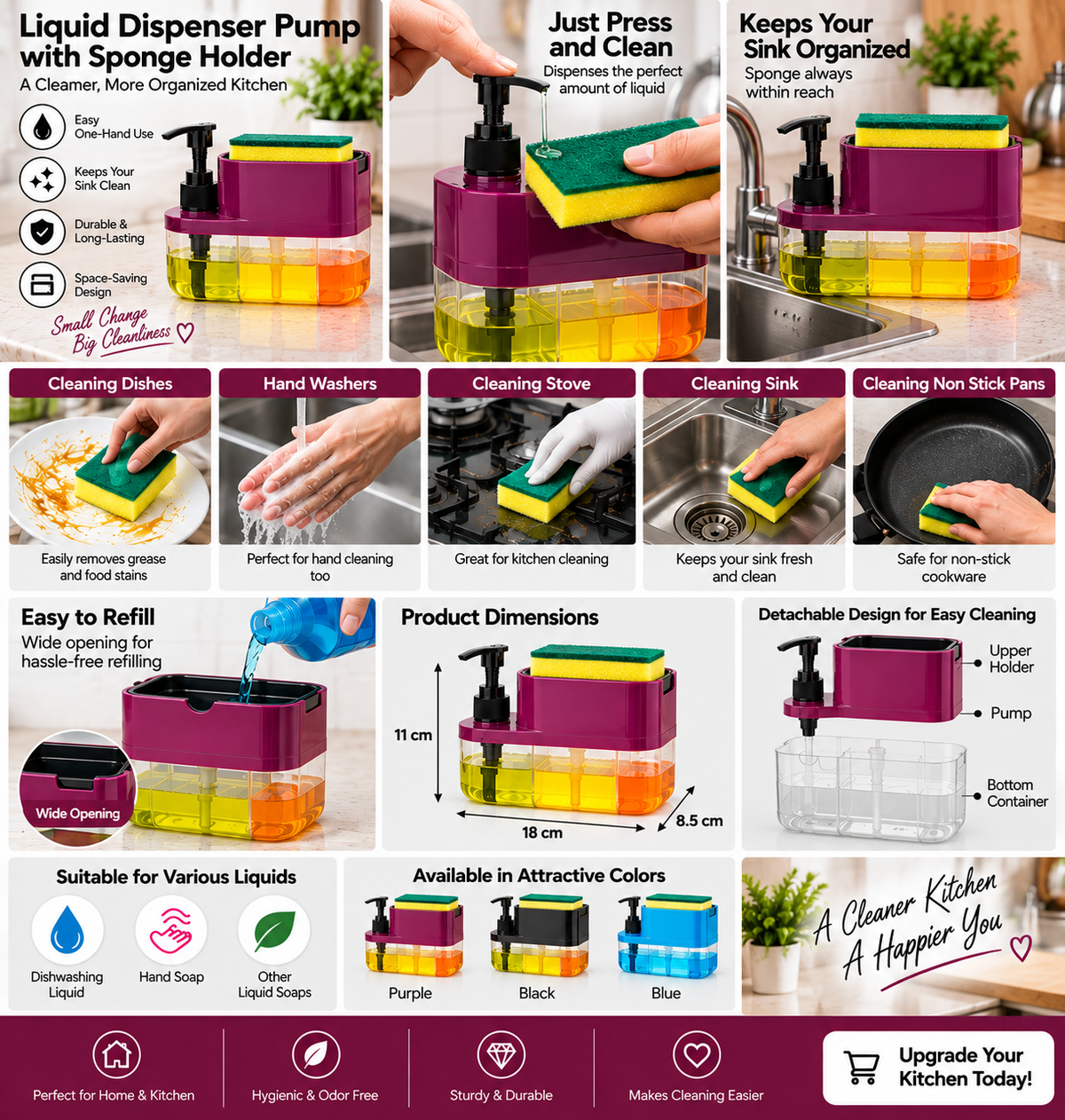 2-in-1 Liquid Soap Dispenser with Sponge Holder | Smart Kitchen Sink Organizer