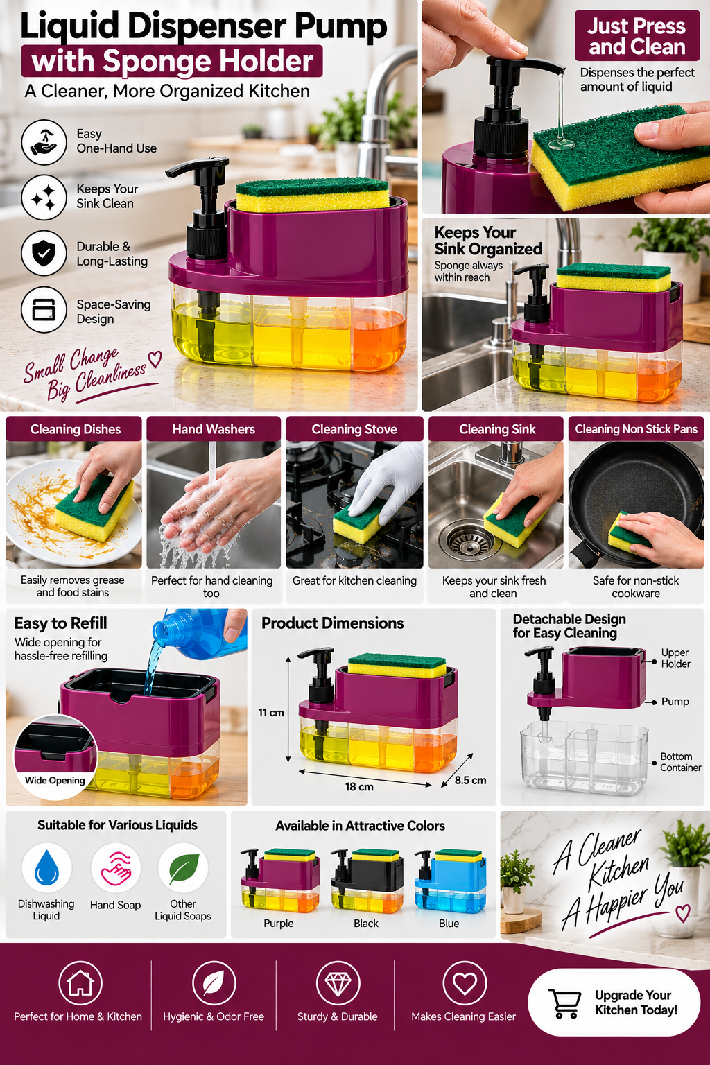 2-in-1 Liquid Soap Dispenser with Sponge Holder | Smart Kitchen Sink Organizer