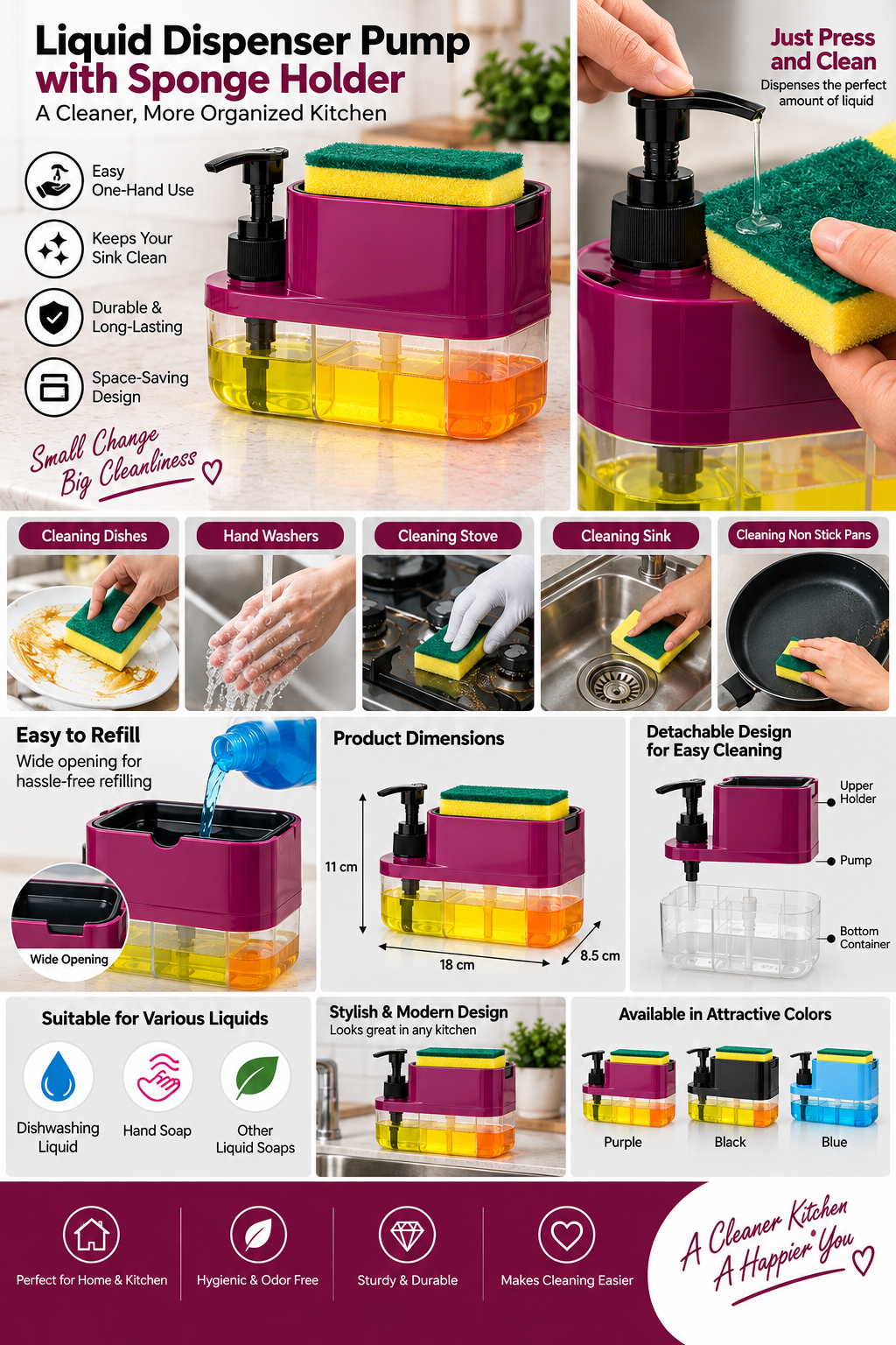 2-in-1 Liquid Soap Dispenser with Sponge Holder | Smart Kitchen Sink Organizer