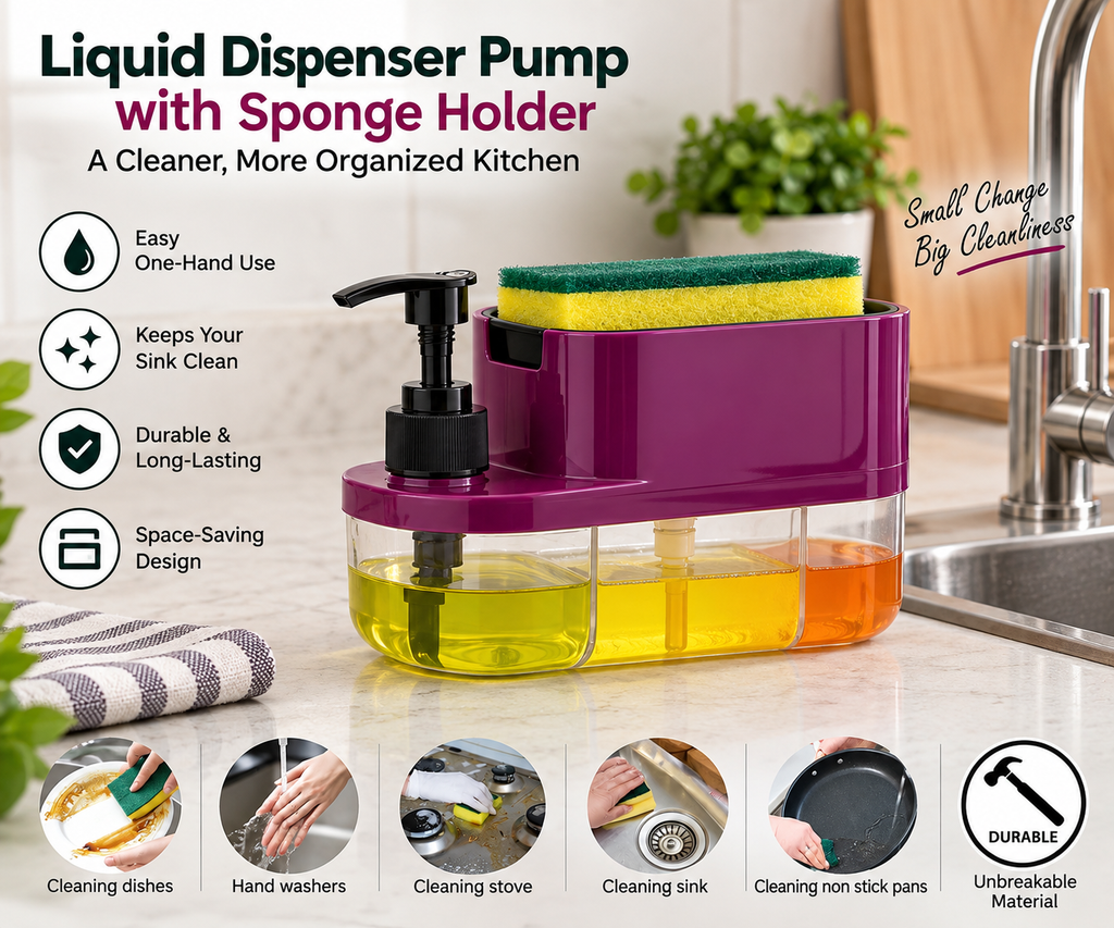 2-in-1 Liquid Soap Dispenser with Sponge Holder | Smart Kitchen Sink Organizer