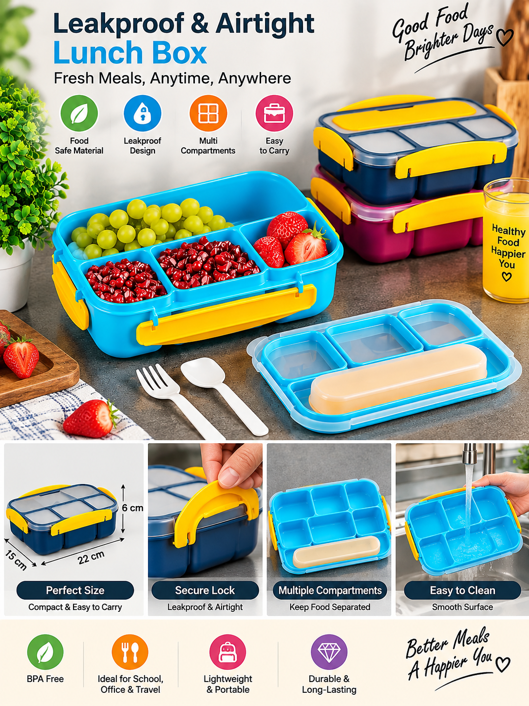 Premium Leakproof & Airtight Lunch Box | Easy-Carry Tiffin for School, Office & Travel