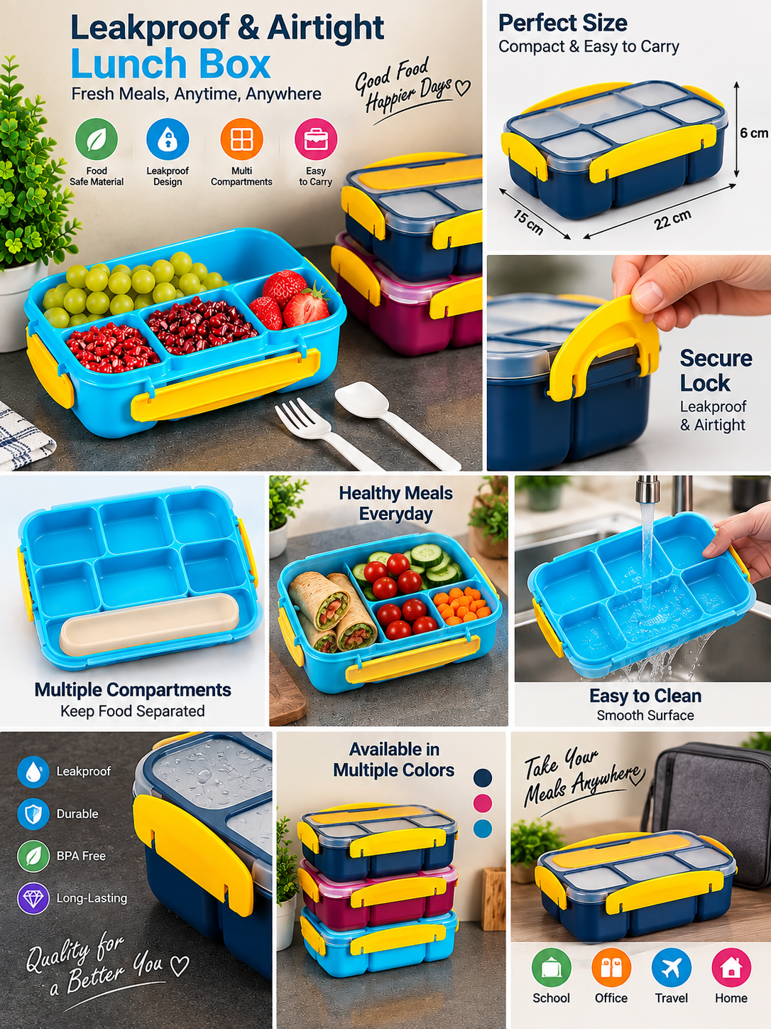 Premium Leakproof & Airtight Lunch Box | Easy-Carry Tiffin for School, Office & Travel