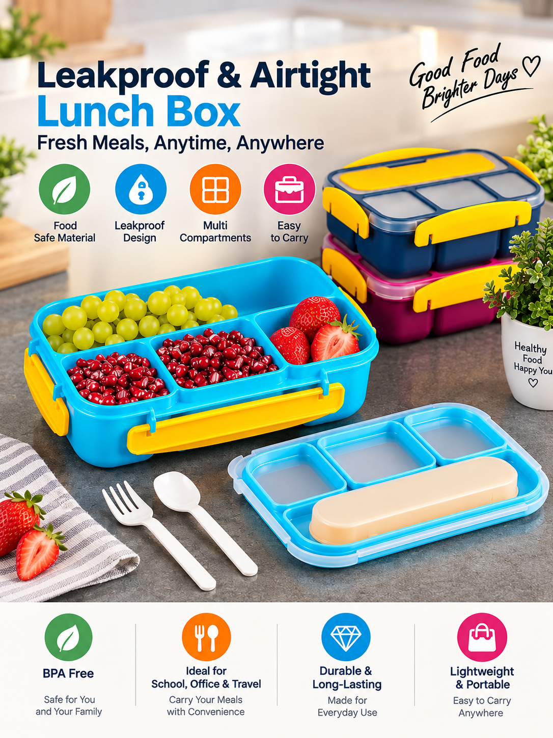 Premium Leakproof & Airtight Lunch Box | Easy-Carry Tiffin for School, Office & Travel