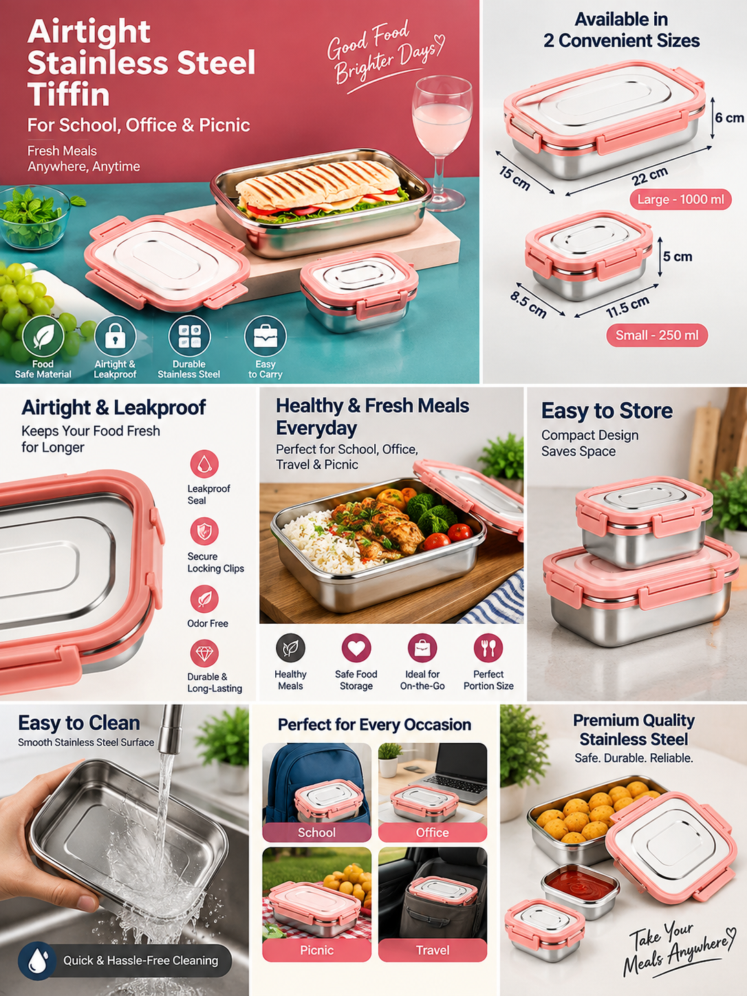Premium Airtight Stainless Steel Tiffin Box | Leakproof Lunch Container for School, Office & Picnic