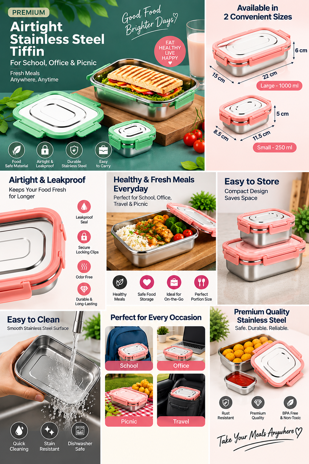Premium Airtight Stainless Steel Tiffin Box | Leakproof Lunch Container for School, Office & Picnic