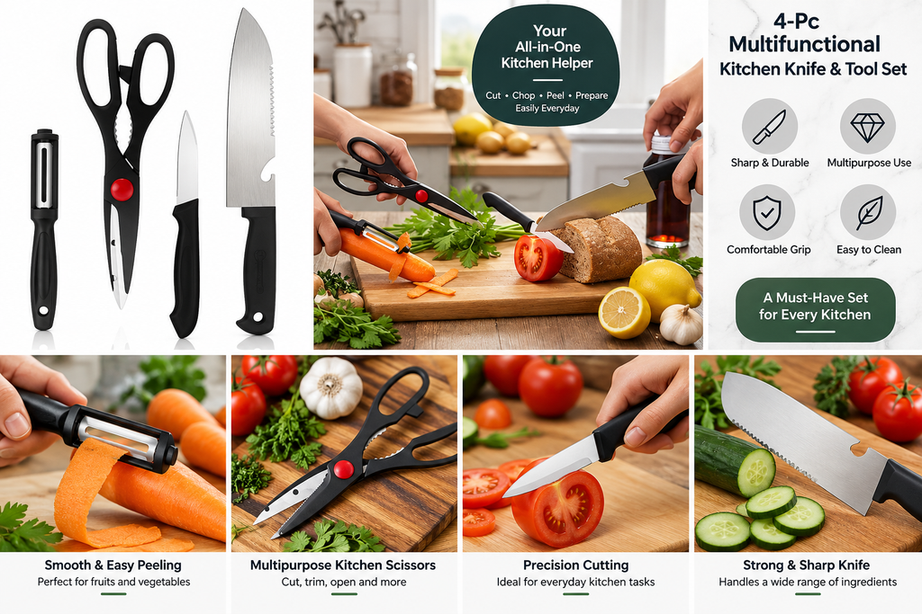 4-Pc Multifunctional Kitchen Knife & Tool Set | Complete Food Preparation Set