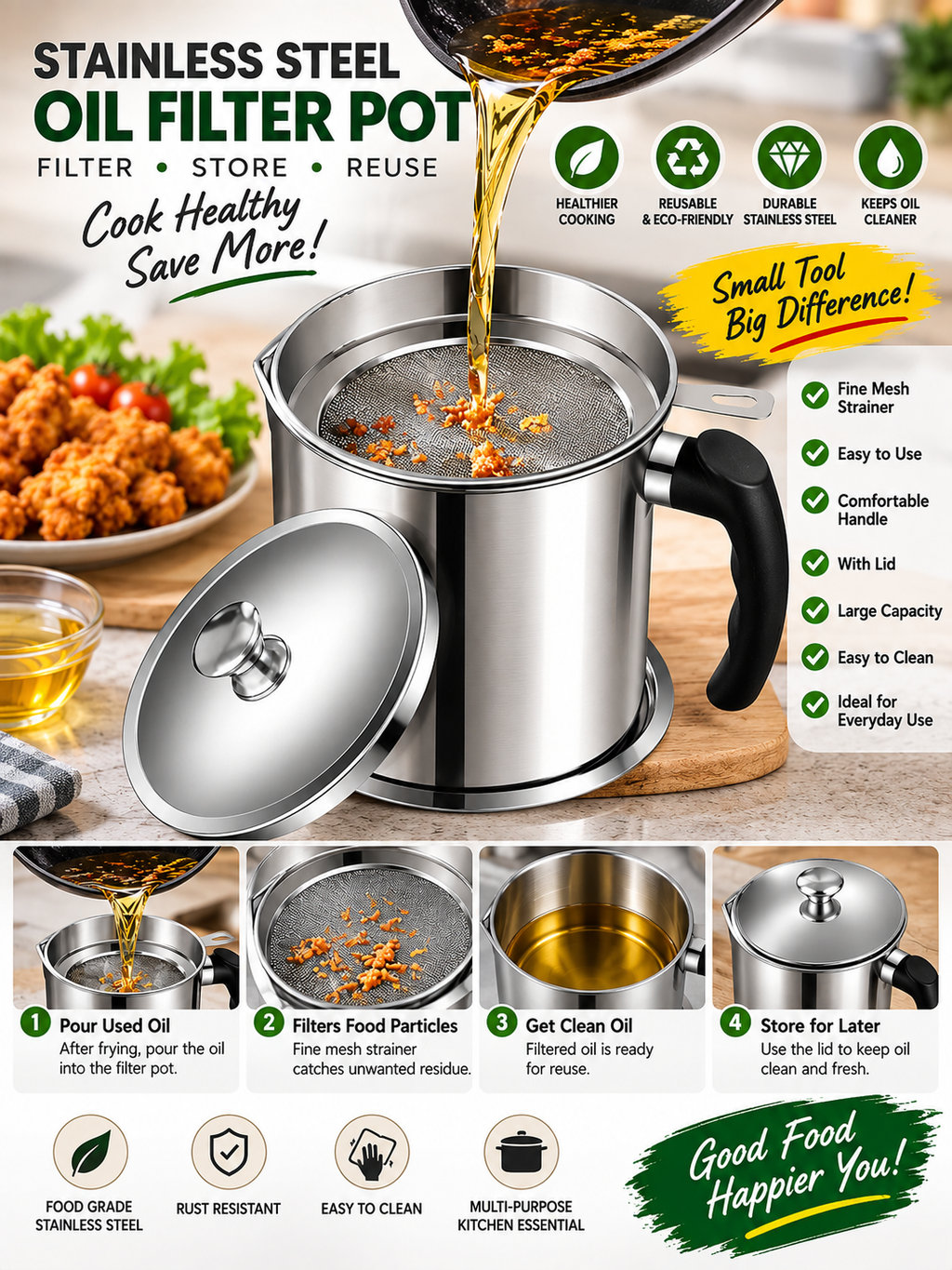 Stainless Steel Oil Filter Pot with Fine Mesh Strainer | Reusable Cooking Oil Storage Container