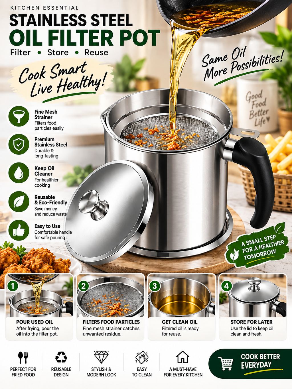 Stainless Steel Oil Filter Pot with Fine Mesh Strainer | Reusable Cooking Oil Storage Container