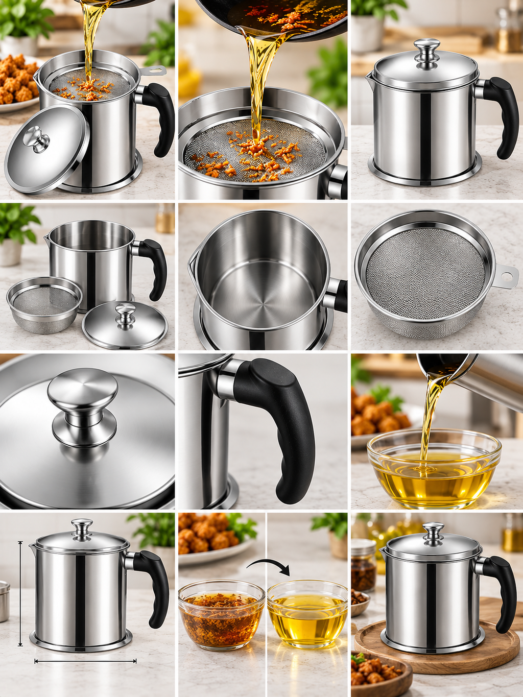 Stainless Steel Oil Filter Pot with Fine Mesh Strainer | Reusable Cooking Oil Storage Container