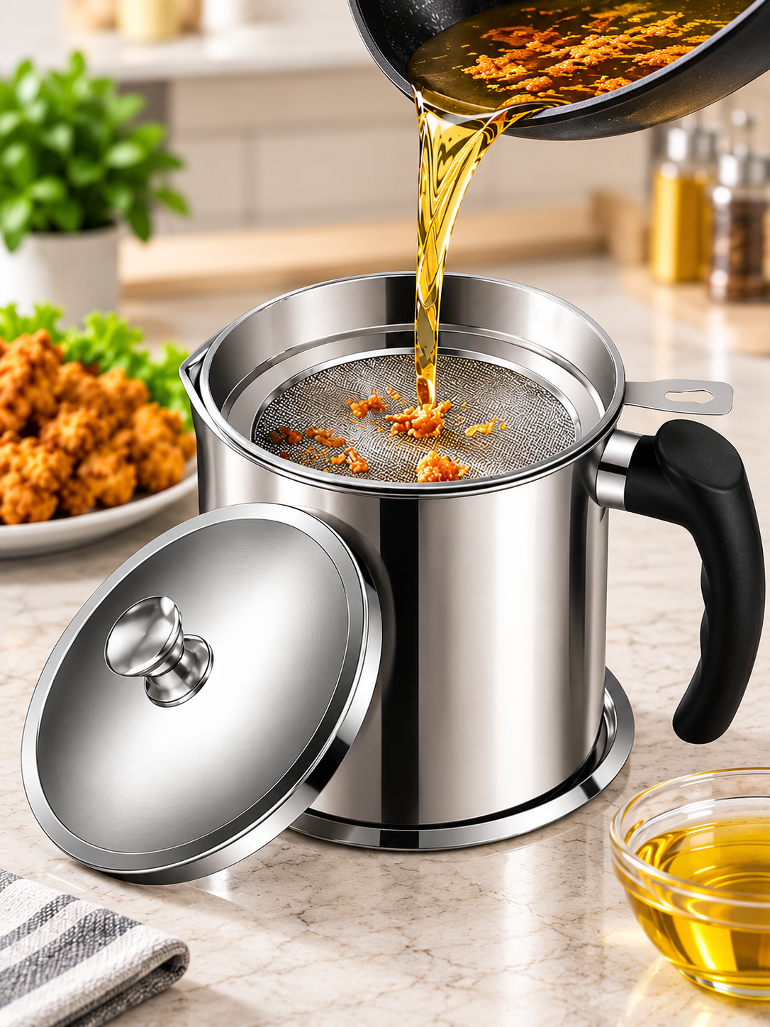 Stainless Steel Oil Filter Pot with Fine Mesh Strainer | Reusable Cooking Oil Storage Container