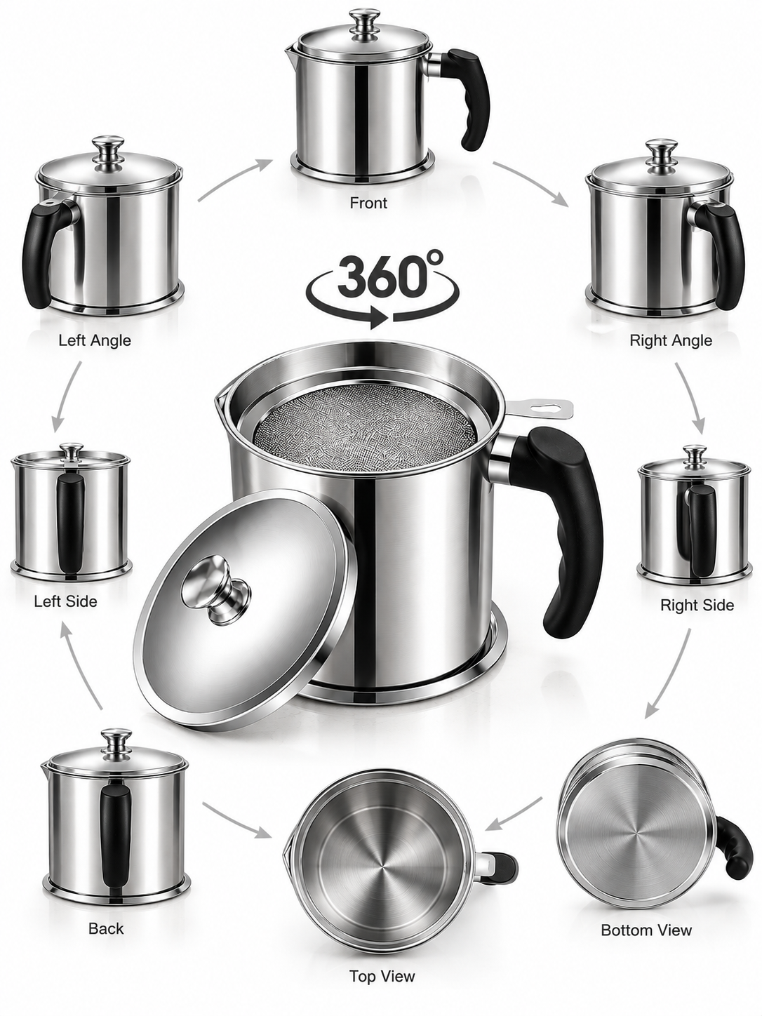 Stainless Steel Oil Filter Pot with Fine Mesh Strainer | Reusable Cooking Oil Storage Container