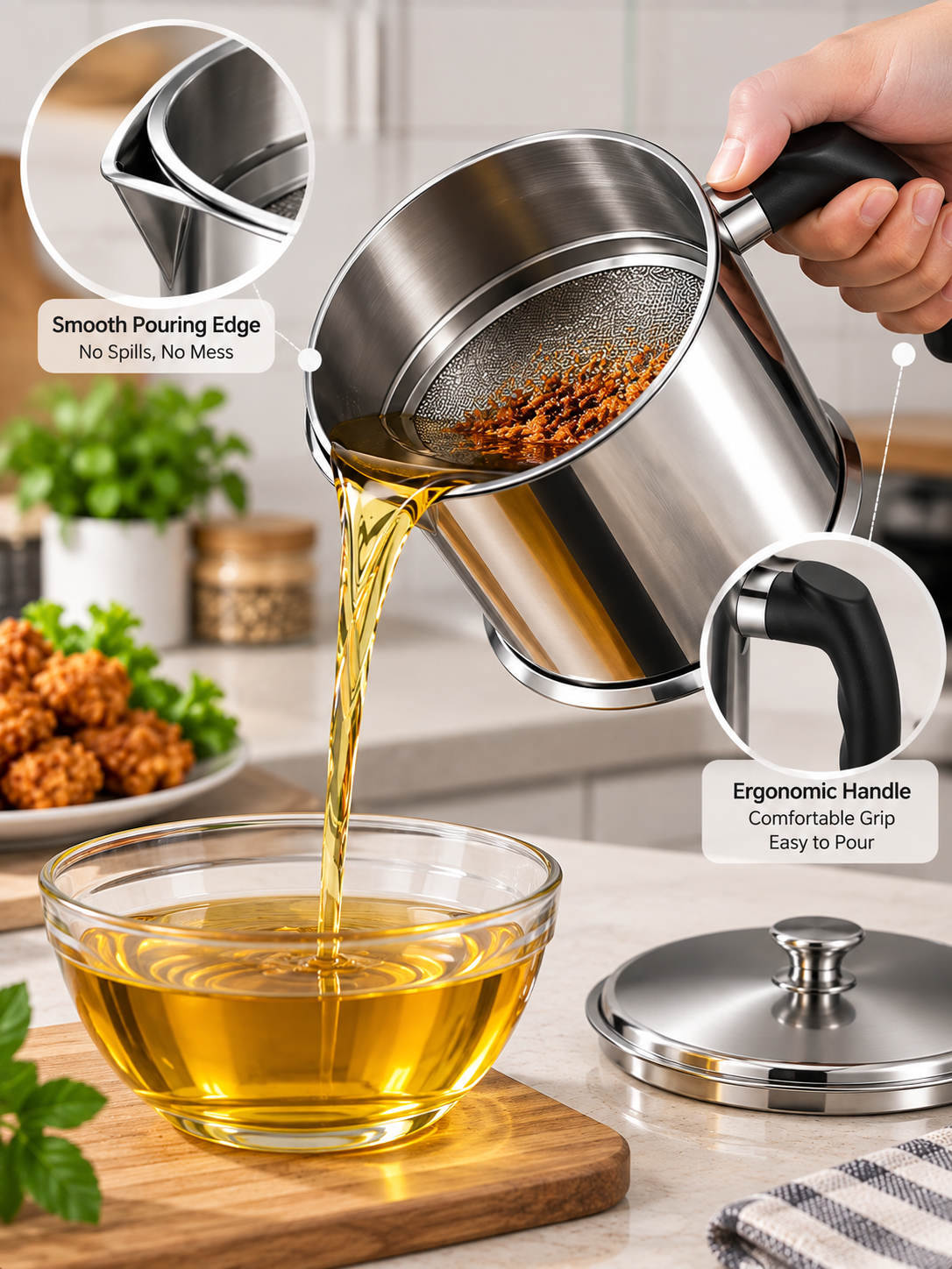 Stainless Steel Oil Filter Pot with Fine Mesh Strainer | Reusable Cooking Oil Storage Container