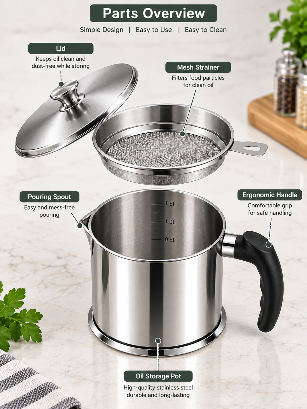 Stainless Steel Oil Filter Pot with Fine Mesh Strainer | Reusable Cooking Oil Storage Container