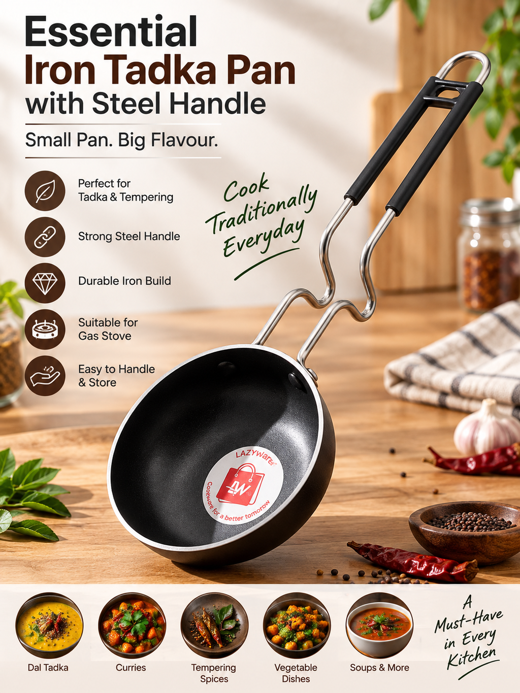 Essential Iron Tadka Pan with Steel Handle | Mini Tempering & Tadka Kadhai for Everyday Cooking