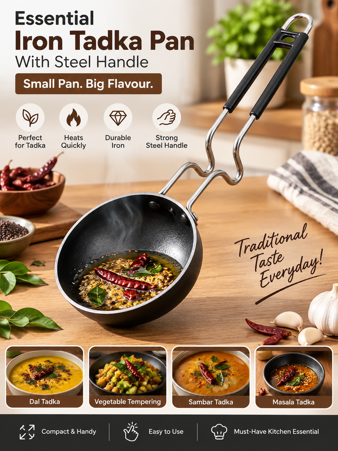 Essential Iron Tadka Pan with Steel Handle | Mini Tempering & Tadka Kadhai for Everyday Cooking