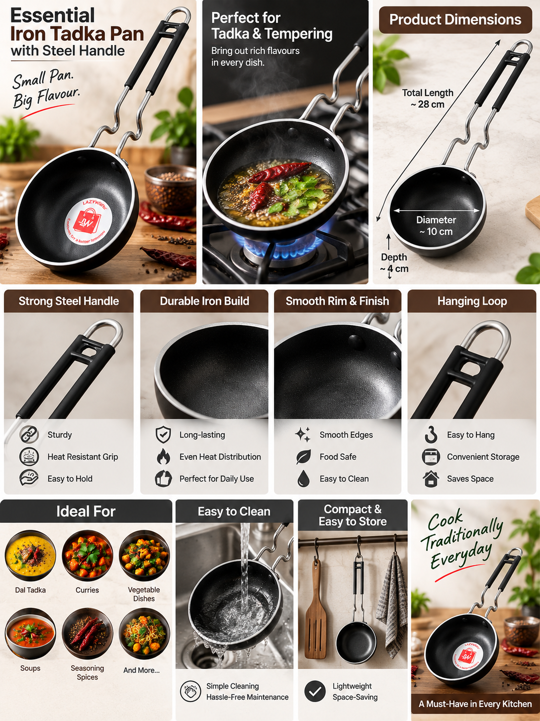 Essential Iron Tadka Pan with Steel Handle | Mini Tempering & Tadka Kadhai for Everyday Cooking