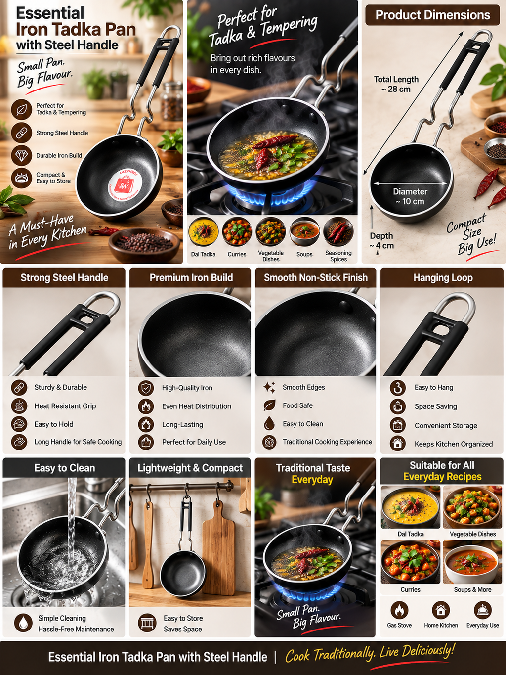 Essential Iron Tadka Pan with Steel Handle | Mini Tempering & Tadka Kadhai for Everyday Cooking