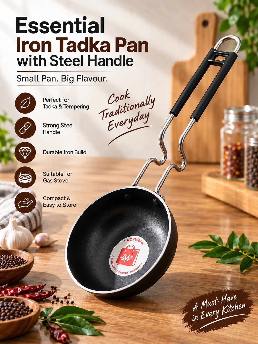 Essential Iron Tadka Pan with Steel Handle | Mini Tempering & Tadka Kadhai for Everyday Cooking