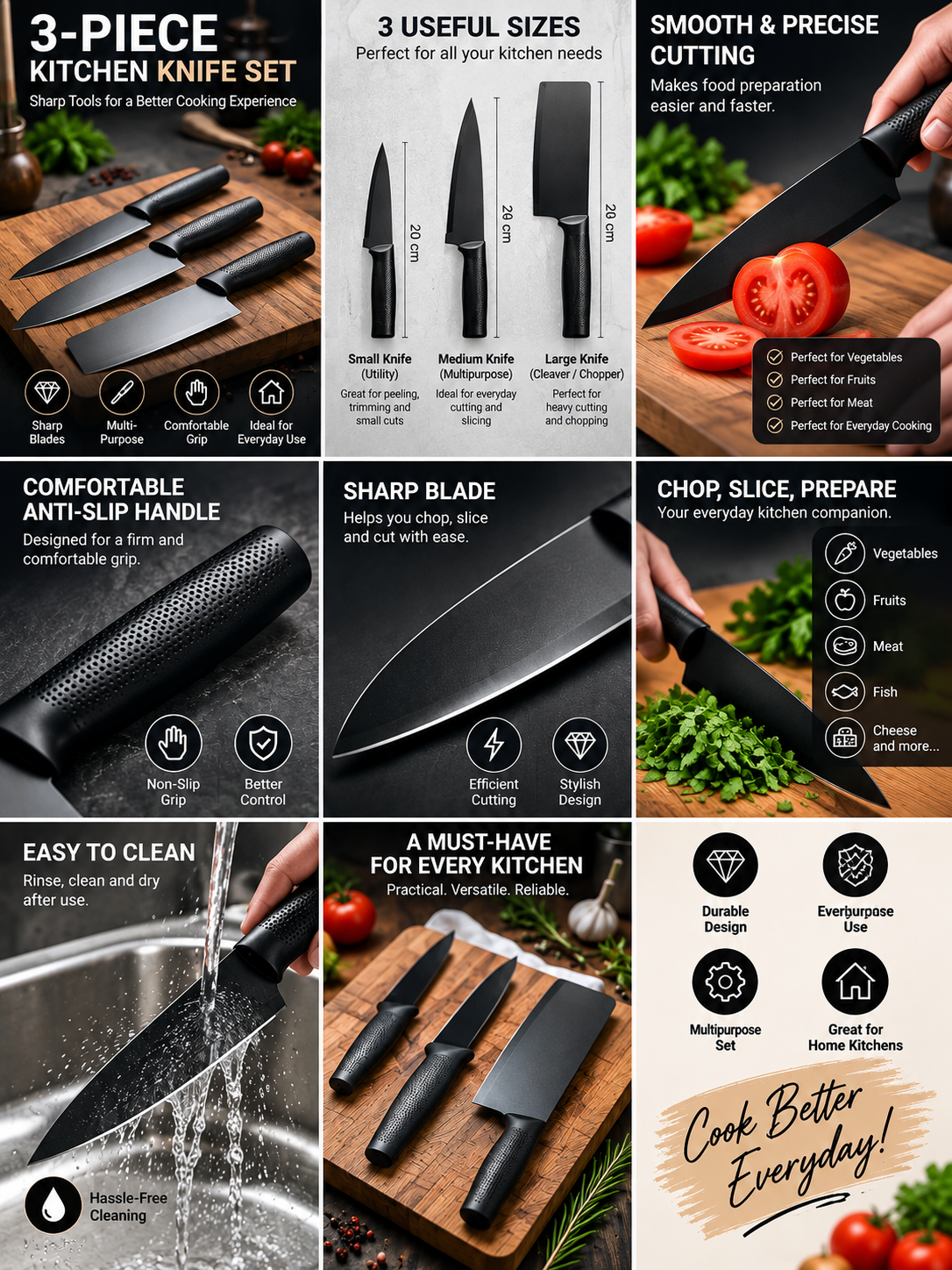 3-Piece Kitchen Knife Set | Multi-Size Sharp Cutting Knives for Everyday Cooking