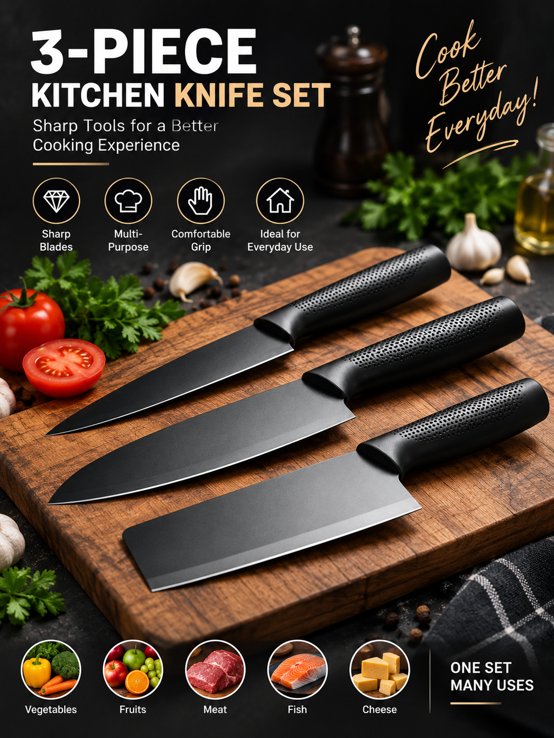3-Piece Kitchen Knife Set | Multi-Size Sharp Cutting Knives for Everyday Cooking