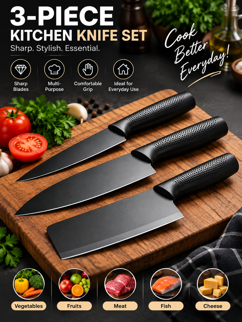 3-Piece Kitchen Knife Set | Multi-Size Sharp Cutting Knives for Everyday Cooking