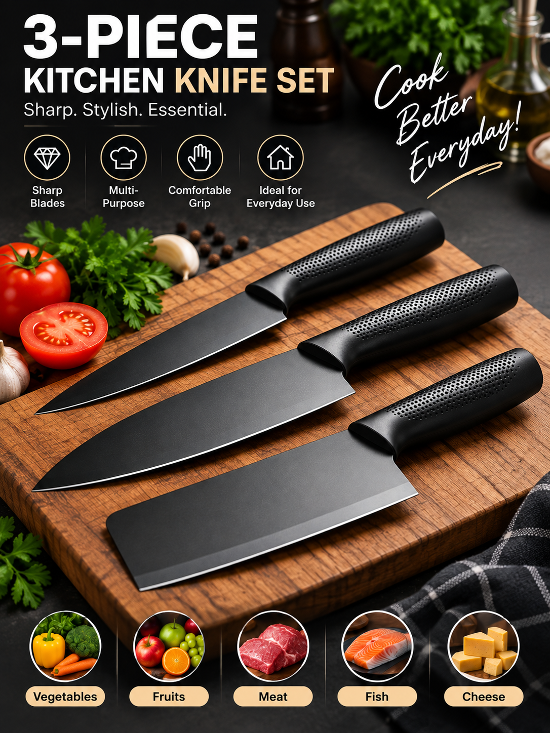 3-Piece Kitchen Knife Set | Multi-Size Sharp Cutting Knives for Everyday Cooking