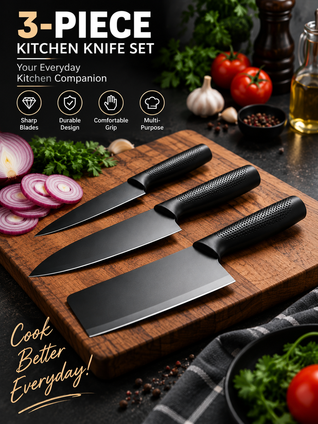 3-Piece Kitchen Knife Set | Multi-Size Sharp Cutting Knives for Everyday Cooking
