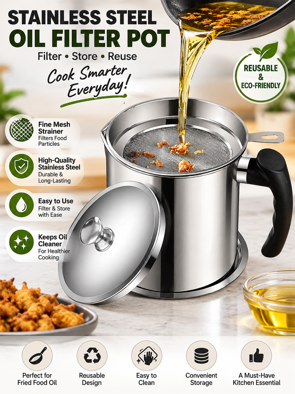 Stainless Steel Oil Filter Pot with Fine Mesh Strainer | Reusable Cooking Oil Storage Container